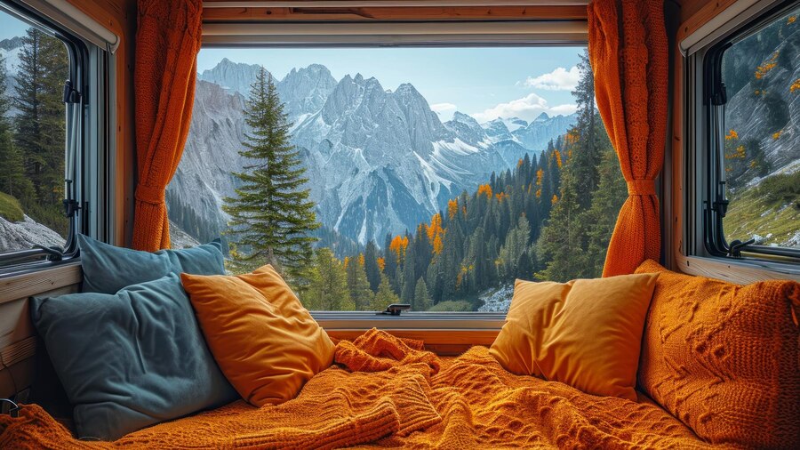 camper van with brigthly coloured curtains