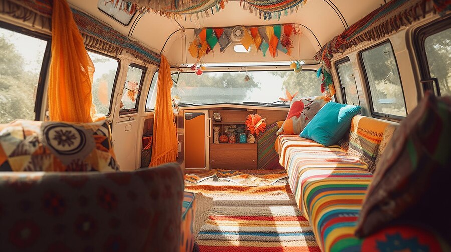 caravan with colorful floor rug